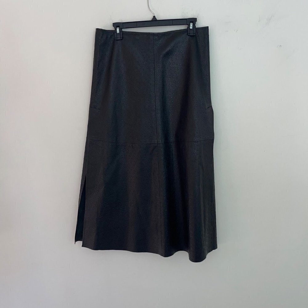 Womens A Line Skirt Size Large Black Vegan Leather Ostrich Embossed Side Slits - Picture 11 of 16